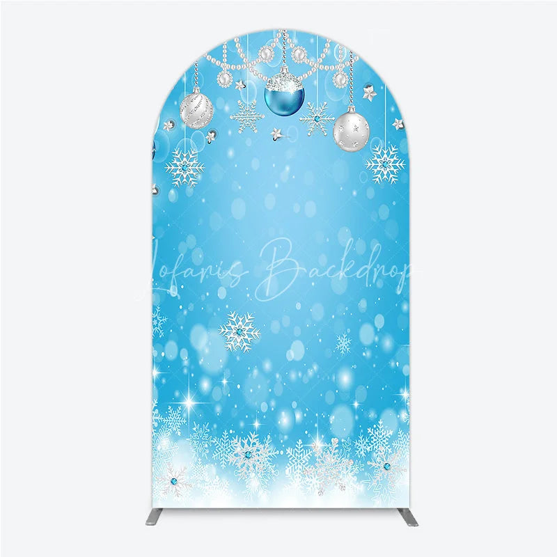 Lofaris Elegant Blue and Silver Winter Holiday Round Top Arch Backdrop featuring Snowflakes Pearl Ornaments