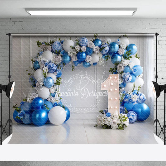 Lofaris Elegant Blue and White Balloon Floral Garland Photography Backdrop First Birthday Party Decor for Baby