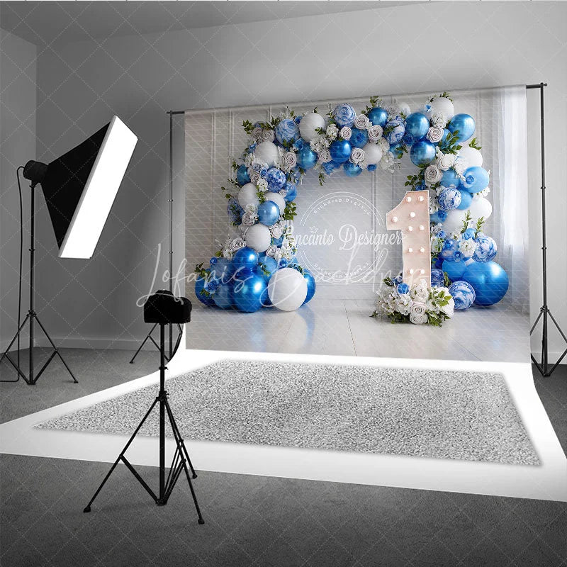 Lofaris Elegant Blue and White Balloon Floral Garland Photography Backdrop First Birthday Party Decor for Baby