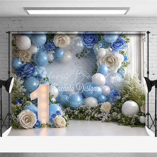 Lofaris Elegant Blue and White Balloons Roses Number One Photography Backdrop First Birthday Party Decor