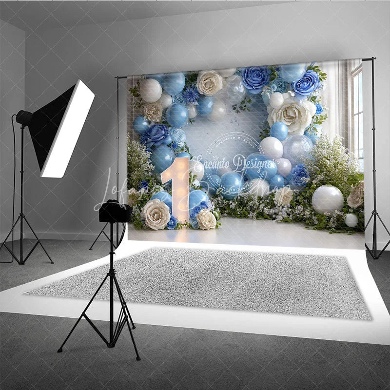 Lofaris Elegant Blue and White Balloons Roses Number One Photography Backdrop First Birthday Party Decor