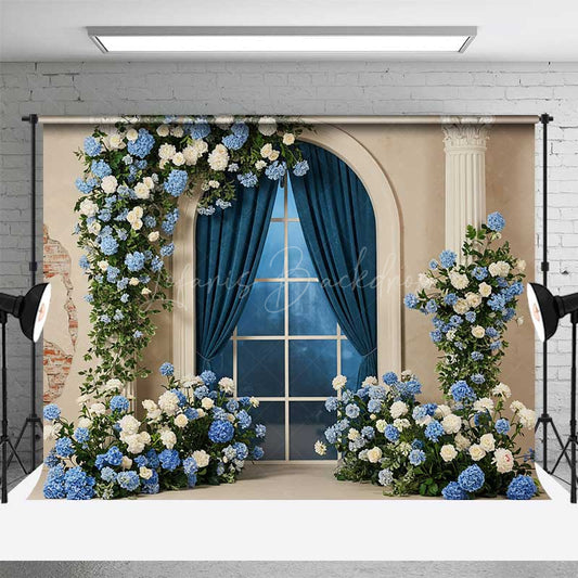 Lofaris Elegant Blue and White Floral Arch Window Photography Backdrop Hydrangea Rose Garland Classic Wedding Prop