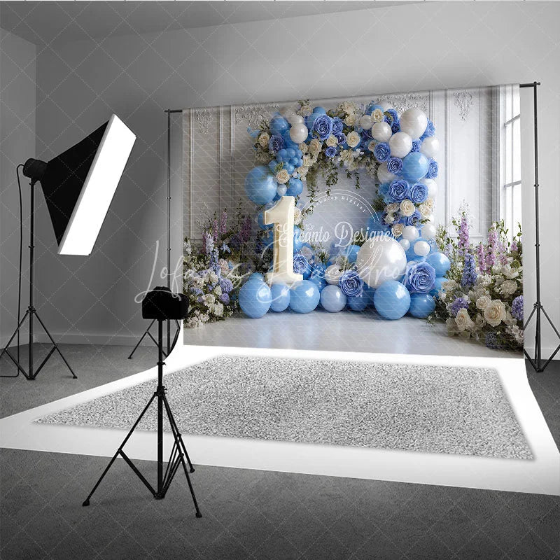 Lofaris Elegant Blue and White Floral Arch with Number 1 Photography Backdrop First Birthday Party Decor