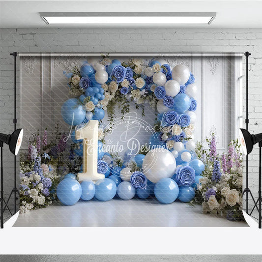 Lofaris Elegant Blue and White Floral Arch with Number 1 Photography Backdrop First Birthday Party Decor