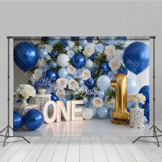 Lofaris Elegant Blue and White Floral Photography Backdrop Gold Number One Balloon ONE Letters for First Birthday