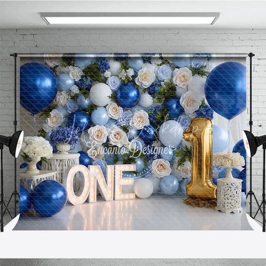 Lofaris Elegant Blue and White Floral Photography Backdrop Gold Number One Balloon ONE Letters for First Birthday
