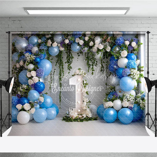 Lofaris Elegant Blue and White Floral Photography Backdrop with Balloons Greenery Number One for First Birthday Party