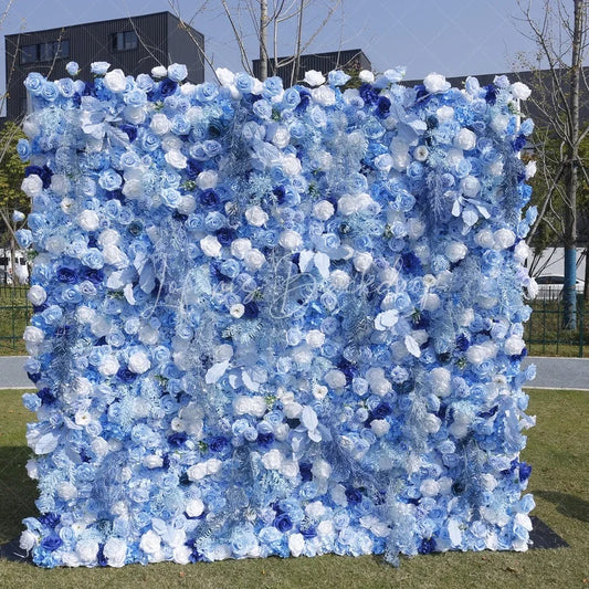 Lofaris Elegant Blue and White Rose Artificial Flower Wall Romantic Floral Backdrop for Wedding Event Decor