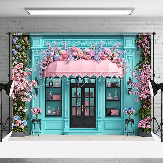 Lofaris Elegant Blue Boutique Storefront Photography Backdrop featuring Pink Awning Cherry Blossoms and Lush Floral Decor