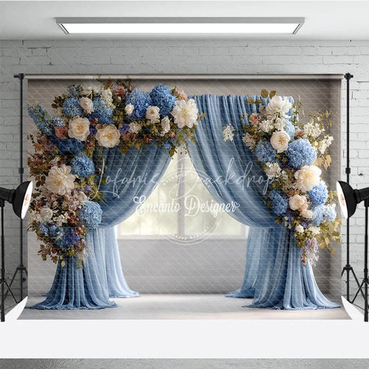 Lofaris Elegant Blue Curtain Photography Backdrop Floral Arch with Hydrangeas Wedding or Maternity Photo Background