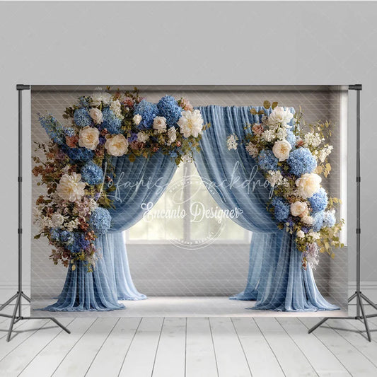 Lofaris Elegant Blue Curtain Photography Backdrop Floral Arch with Hydrangeas Wedding or Maternity Photo Background