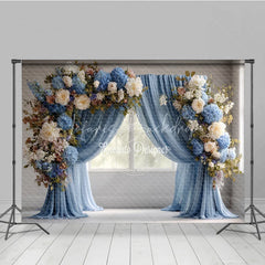 Lofaris Elegant Blue Curtain Photography Backdrop Floral Arch with Hydrangeas Wedding or Maternity Photo Background