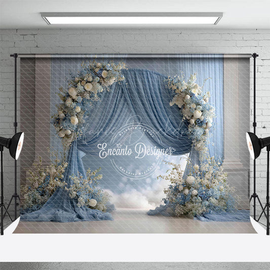 Lofaris Elegant Blue Draped Arch Photography Backdrop White Floral for Indoor Wedding Romantic Ceremony Background