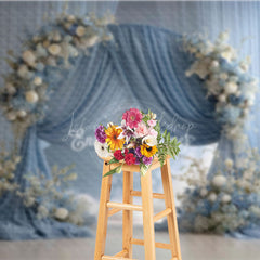 Lofaris Elegant Blue Draped Arch Photography Backdrop White Floral for Indoor Wedding Romantic Ceremony Background