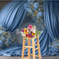 Lofaris Elegant Blue Draped Fabric Photography Backdrop Round Arch with Gold Floral Luxury Maternity Photo Background