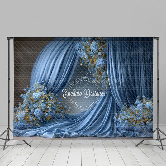 Lofaris Elegant Blue Draped Fabric Photography Backdrop Round Arch with Gold Floral Luxury Maternity Photo Background