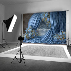 Lofaris Elegant Blue Draped Fabric Photography Backdrop Round Arch with Gold Floral Luxury Maternity Photo Background