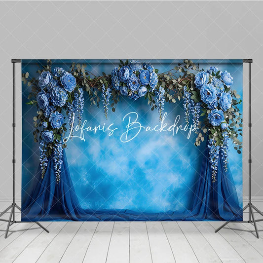 Lofaris Elegant Blue Floral Arch Photography Backdrop with Peonies and Wisteria Textured Sky Background for Baby Shower Party