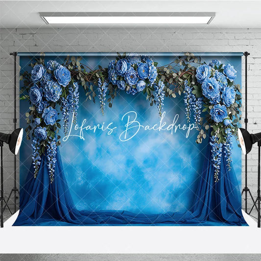 Lofaris Elegant Blue Floral Arch Photography Backdrop with Peonies and Wisteria Textured Sky Background for Baby Shower Party