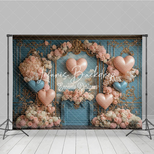 Lofaris Elegant Blue Gold Ornate Wall Photography Backdrop with Pink and Heart Balloons Romantic Floral Arch Celebration
