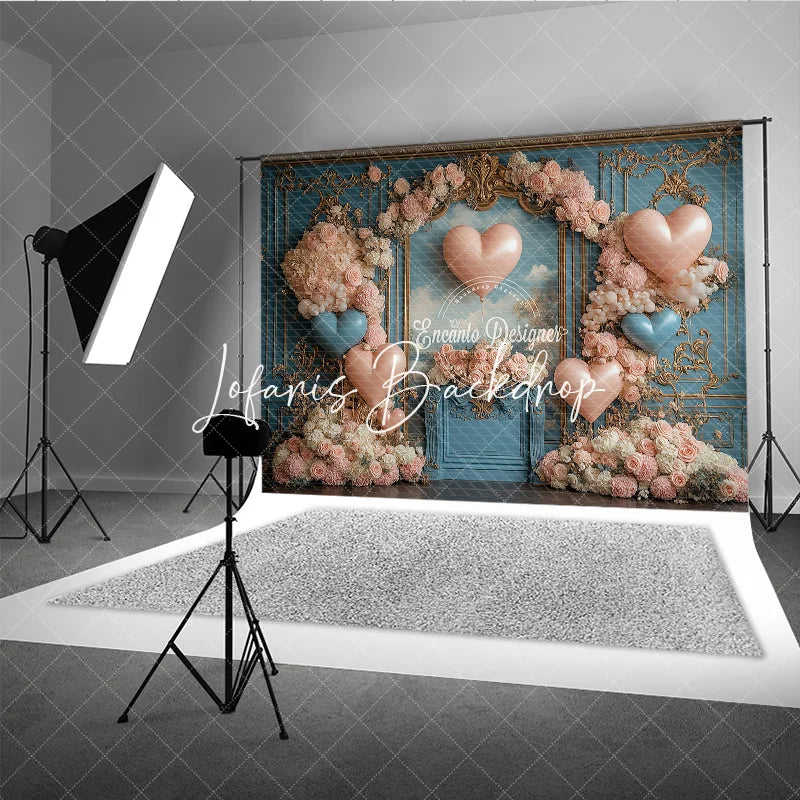 Lofaris Elegant Blue Gold Ornate Wall Photography Backdrop with Pink and Heart Balloons Romantic Floral Arch Celebration