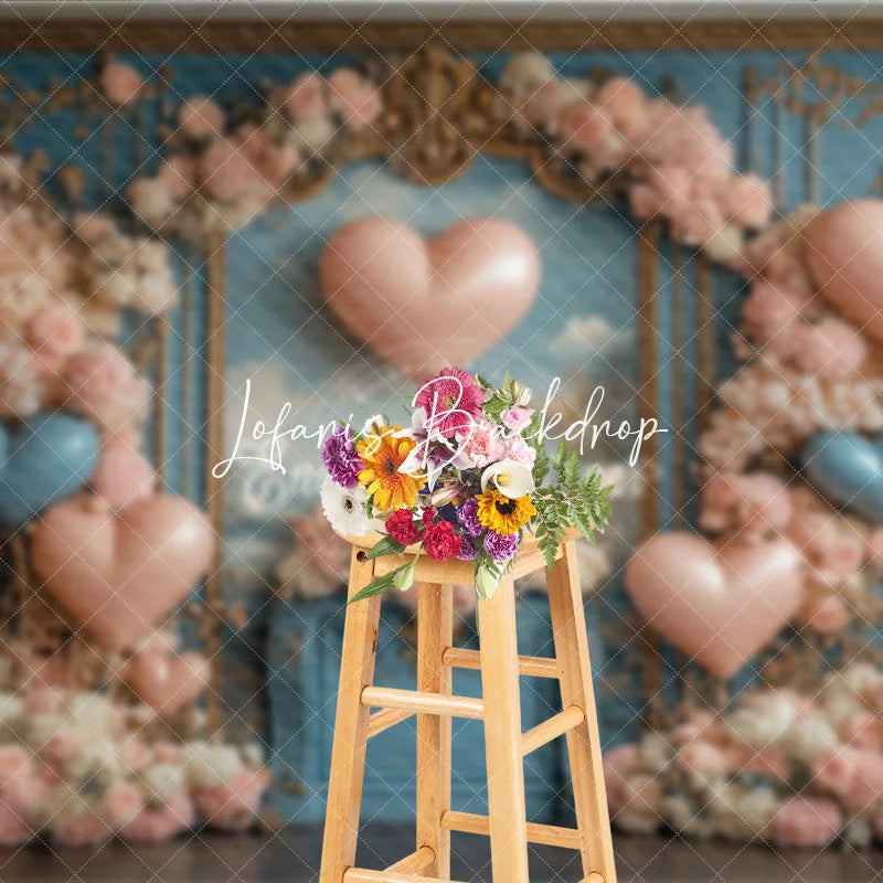 Lofaris Elegant Blue Gold Ornate Wall Photography Backdrop with Pink and Heart Balloons Romantic Floral Arch Celebration