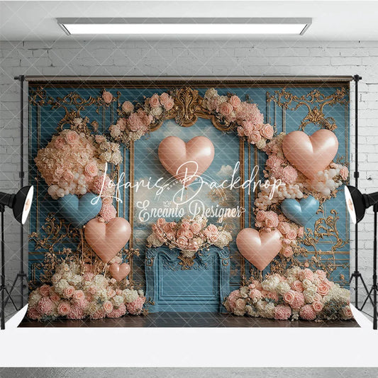 Lofaris Elegant Blue Gold Ornate Wall Photography Backdrop with Pink and Heart Balloons Romantic Floral Arch Celebration