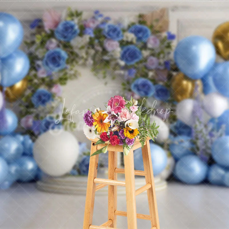 Lofaris Elegant Blue Gold White Balloons and Floral Arch Number One Photography Backdrop First Birthday Party Decor