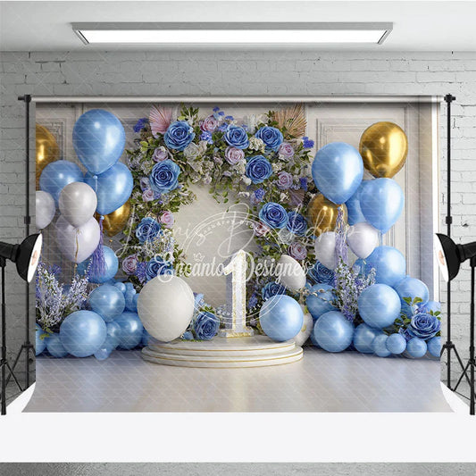 Lofaris Elegant Blue Gold White Balloons and Floral Arch Number One Photography Backdrop First Birthday Party Decor