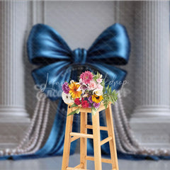 Lofaris Elegant Blue Satin Bow and Pearl Photography Backdrop Classical Columns Golden Chandeliers for Luxury Events