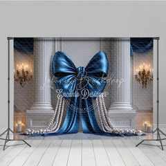 Lofaris Elegant Blue Satin Bow and Pearl Photography Backdrop Classical Columns Golden Chandeliers for Luxury Events