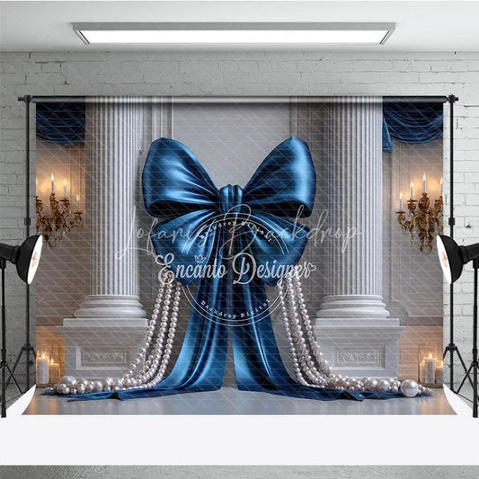 Lofaris Elegant Blue Satin Bow and Pearl Photography Backdrop Classical Columns Golden Chandeliers for Luxury Events