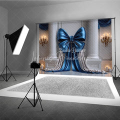 Lofaris Elegant Blue Satin Bow and Pearl Photography Backdrop Classical Columns Golden Chandeliers for Luxury Events