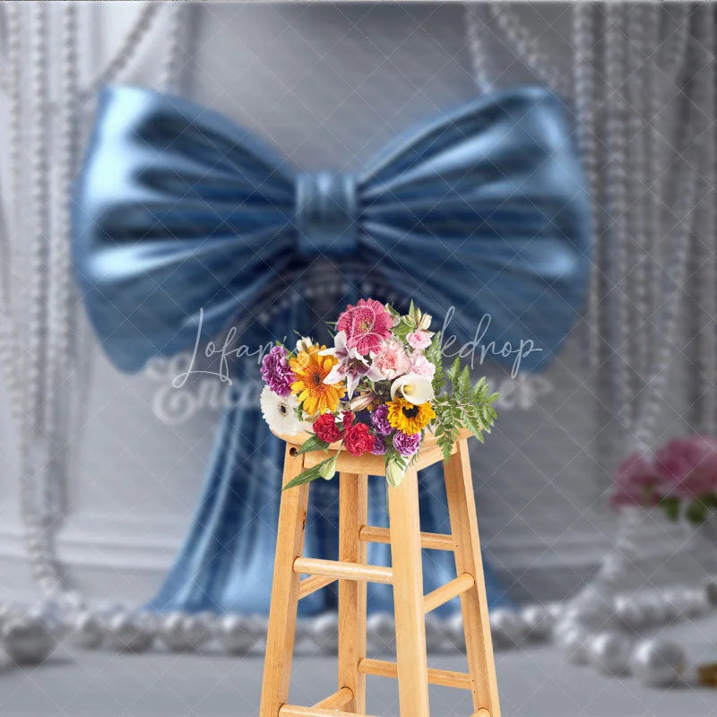 Lofaris Elegant Blue Satin Bow and White Pearl Photography Backdrop featuring Classical Columns Pink Roses