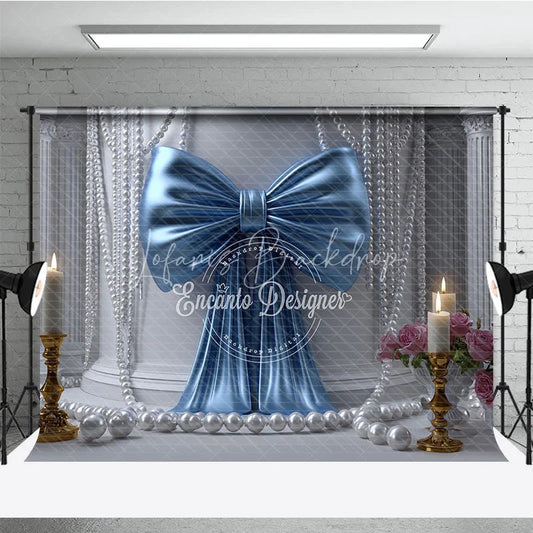 Lofaris Elegant Blue Satin Bow and White Pearl Photography Backdrop featuring Classical Columns Pink Roses