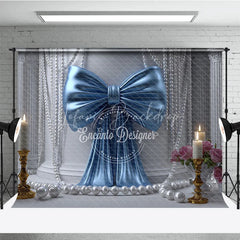 Lofaris Elegant Blue Satin Bow and White Pearl Photography Backdrop featuring Classical Columns Pink Roses