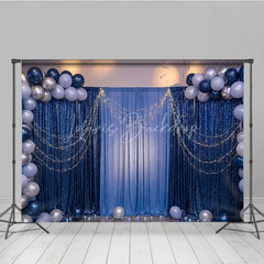 Lofaris Elegant Blue Sequin and Fabric Photography Backdrop with Balloons String Lights Festive Party Celebration Decor