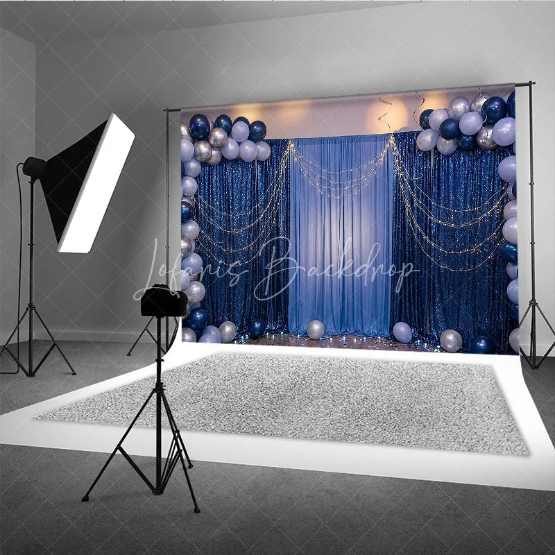 Lofaris Elegant Blue Sequin and Fabric Photography Backdrop with Balloons String Lights Festive Party Celebration Decor