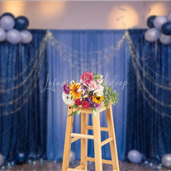 Lofaris Elegant Blue Sequin and Fabric Photography Backdrop with Balloons String Lights Festive Party Celebration Decor