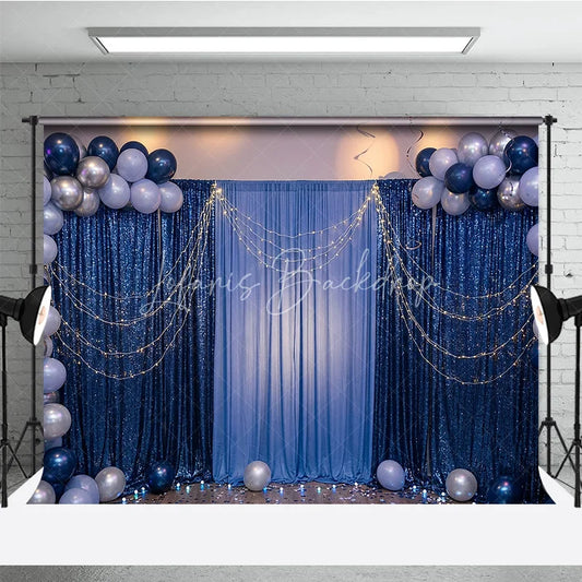Lofaris Elegant Blue Sequin and Fabric Photography Backdrop with Balloons String Lights Festive Party Celebration Decor