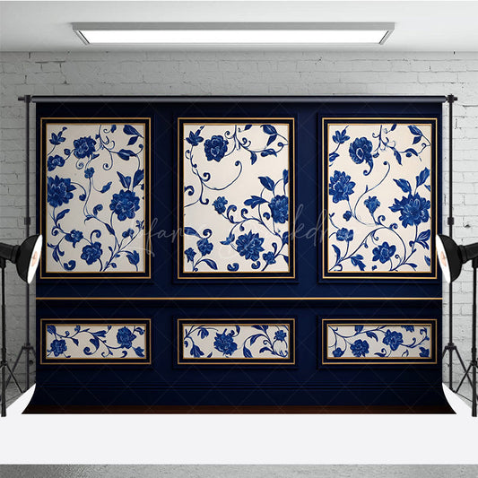 Lofaris Elegant Blue Wall Photography Backdrop Chinoiserie Style with Floral Panels Fine Art Studio Photo Prop