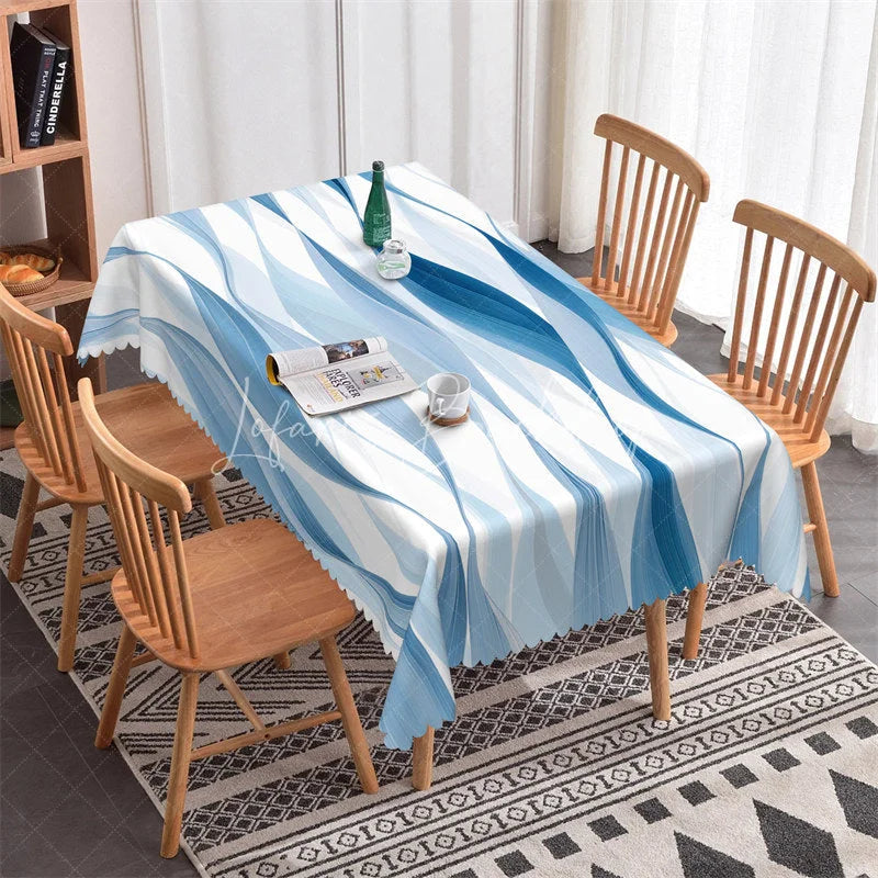 Lofaris Elegant Blue Wave Pattern Rectangle Tablecloth Modern Abstract Ocean Decor for Party Minimalist Home Dining Table Cover