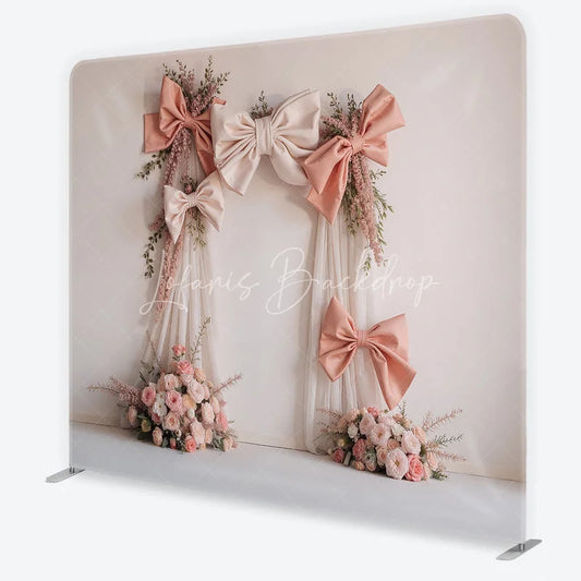 Lofaris Elegant Blush Pink and Cream Bows Square Double-Sided Backdrop Romantic Rose Floral Arch for Events