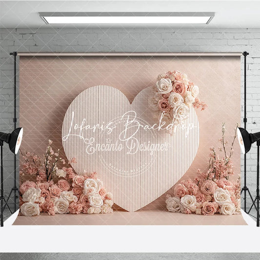 Lofaris Elegant Blush Pink Heart Shaped Photography Backdrop White Roses and Floral Accents Romantic Wedding Decor