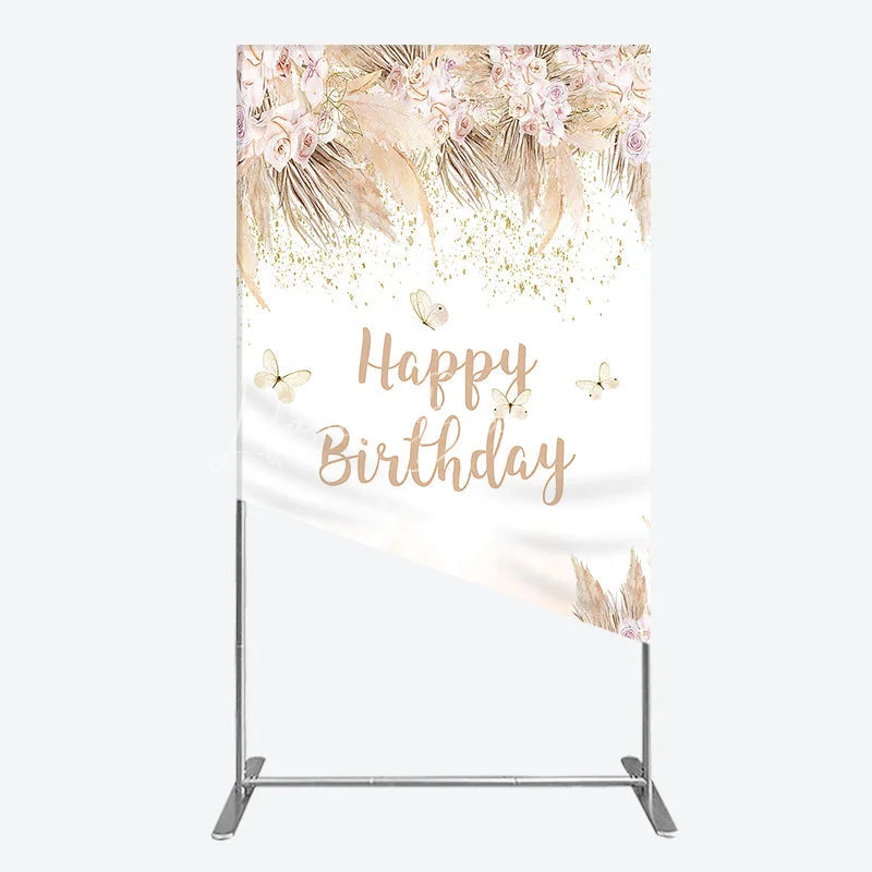 Lofaris Elegant Boho Blush Floral Happy Birthday Rectangle Arch Backdrop with Pampas Grass and Gold Glitter Butterflies