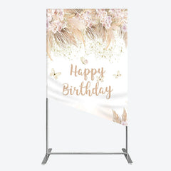 Lofaris Elegant Boho Blush Floral Happy Birthday Rectangle Arch Backdrop with Pampas Grass and Gold Glitter Butterflies