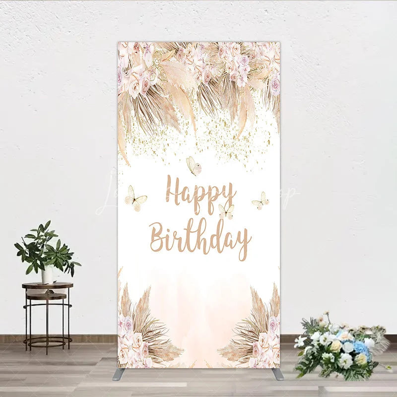 Lofaris Elegant Boho Blush Floral Happy Birthday Rectangle Arch Backdrop with Pampas Grass and Gold Glitter Butterflies