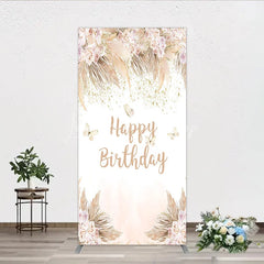 Lofaris Elegant Boho Blush Floral Happy Birthday Rectangle Arch Backdrop with Pampas Grass and Gold Glitter Butterflies