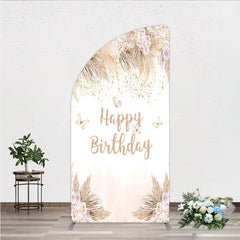 Lofaris Elegant Boho Happy Birthday Half Moon Arch Backdrop with Pampas Grass Roses and Butterflies