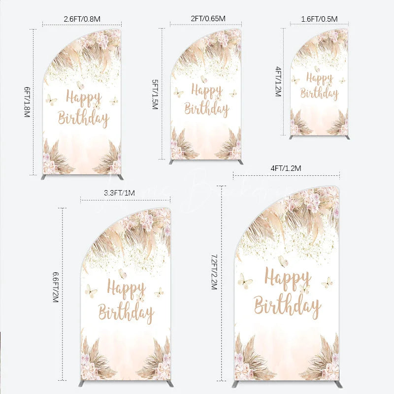 Lofaris Elegant Boho Happy Birthday Half Moon Arch Backdrop with Pampas Grass Roses and Butterflies